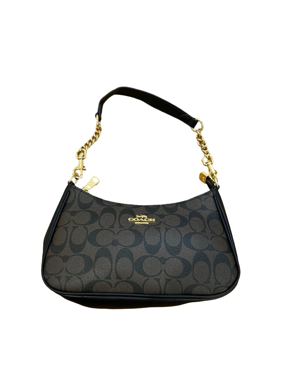 Coach Teri Hobo Shoulder Bag In Signature Canvas Brown Black Gold Chain Strap